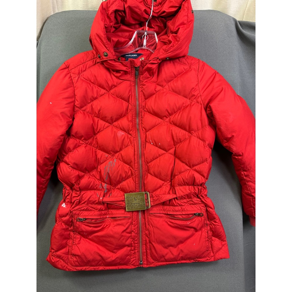 VTG Ralph Lauren Girls Red Quilted Down Puffer Jacket Hooded Belted Size XL 16